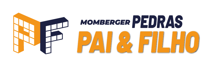Logo de Momberger Pedras Pai e Filho, P amarelo e F azul escuro ao lado da frase Momberger Pedras Pai & Filho